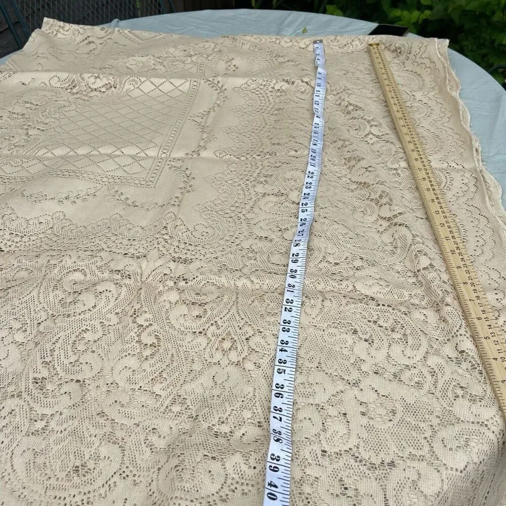 Vintage Pennicraft  cream tan colored lace table cloth rectangle 84” x 64”.